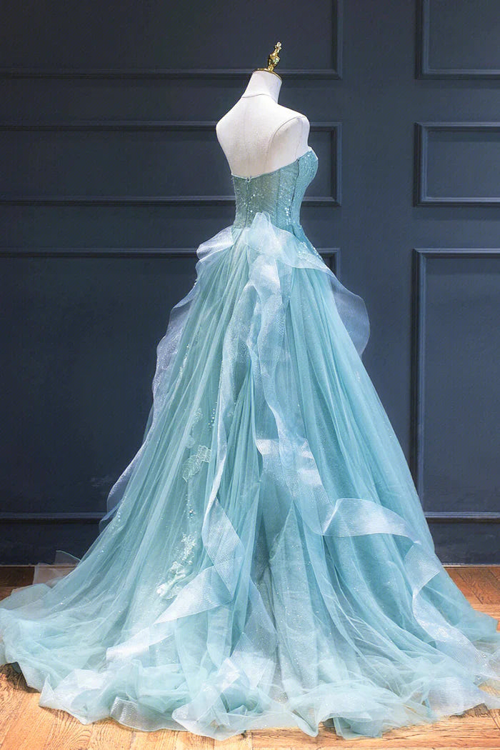 Vestidos formales de mujer, vestido formal largo de tul con encaje verde, corte A, sin tirantes, para noche o fiesta.